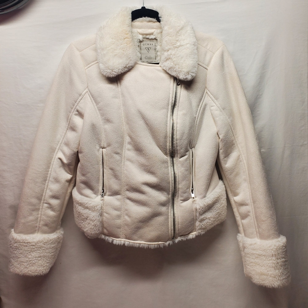 Y2k Guess White Teddy Jacket with Faux Fur Trim